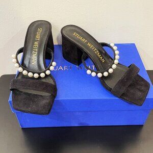 New Stuart Weitzman Goldie 60 Pearl Suede Slide Sandal Black 7 $525